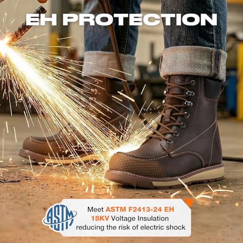 Image of NINGO Steel Toe Work Boots for Men, 6 Inch Full Grain Leather Moc Toe Boots for Men with Non Slip Wedge Outsole, Durable TPU Protective Toe Cap Mens Safety Shoes EH Rated for Construction Welding
