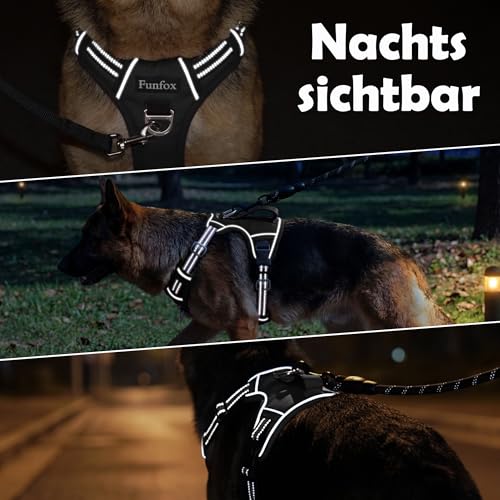 Funfox Hundegeschirr Mittelgroße Hunde, Anti Zug Brustgeschirr Verstellbares Geschirr Hund mit Griff Reflektorstreifen, No Pull Geschirr Hund für Kleine Mittlere Grosse Dog Harness Schwarz L