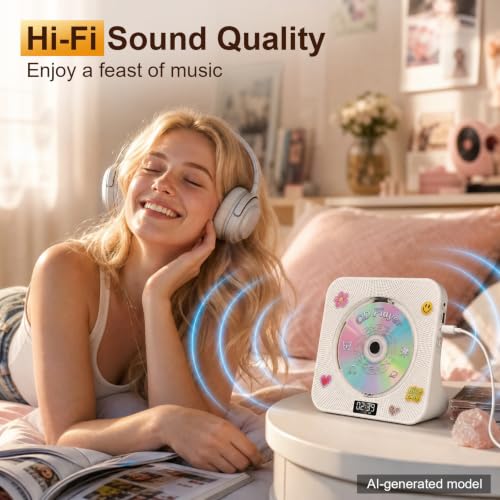Image of Gueray CD Player Portable Bluetooth Desktop CD Player for Home with Timer Built-in HiFi Speakers with LCD Screen Display Boombox FM Radio USB Type-c (Ivory)