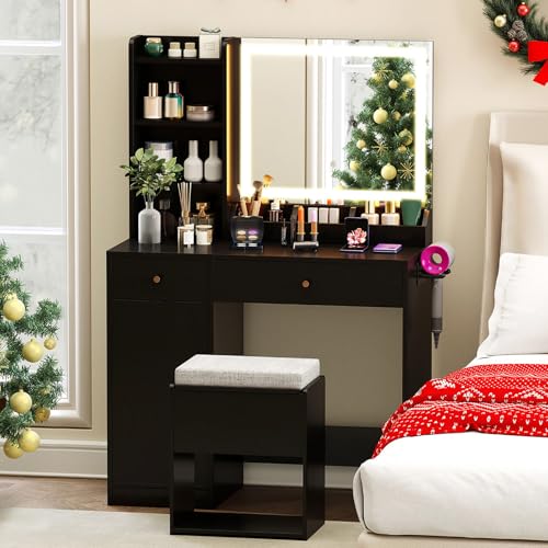 CHARMAID Vanity Desk with Mirror and Lights, Makeup Vanity Desk with Drawers, Shelves, Side Cabinet, Charging Station, 3-Color Lights, Modern Bedroom Vanity Dressing Table with Storage Chair (Black)