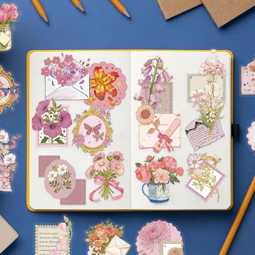 Image of 50 PCS Gold Stamp Stickers for Scrapbooking Journaling Junk Journal Scrapbook Supplies - Waterproof Transparent PET Aesthetic Decals for Resin Crafts Decorative Art Crafts (Gold Stamp)