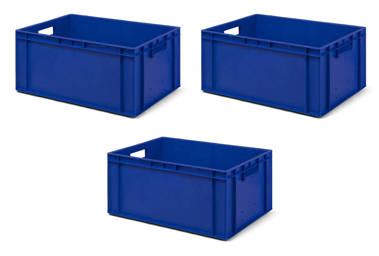 1a-TopStore 3 Stk. Transport-Stapelkasten TK627-0, blau, 600x400x270 mm (LxBxH), aus PP, Volumen: 51 Liter, Traglast: 50 kg, lebensmittelecht, made in Germany, Industriequalität