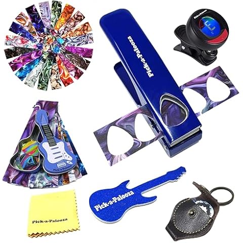 Pick-a-Palooza Guitar Pick Punch Premium Gift Pack Bundle with 10 Colorful Strips, additional 20 Guitar Pick Strips (Pearloid), Clip-on Chromatic Tuner, Custom Guitar Shaped Pick Tin, File, Cleaning C Cover