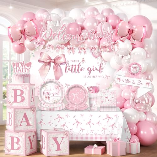 cocomigo 274 Pcs Pink Bow Baby Shower Decorations All-in-One Party Pack for 20 Guests Includes Tableware Backdrop Banner Balloons and More for Girl Baby Shower