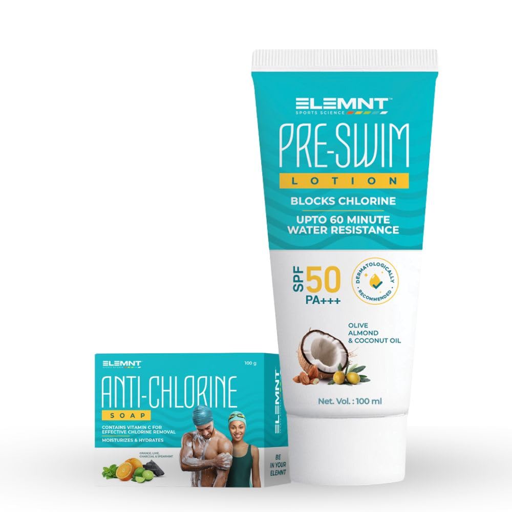 Elemnt Swim Skincare Combo - Pre Swim Body Lotion with SPF 50 (50ml) & Anti Chlorine Soap (75g) for Adults & Kids | Fight Chlorine & Pool Chemicals Before & After Swimming with Chlorine Blocking Pre Swim Lotion & Chlorine Removal Anti bacterial Soap (Pack of 2)-picture-57