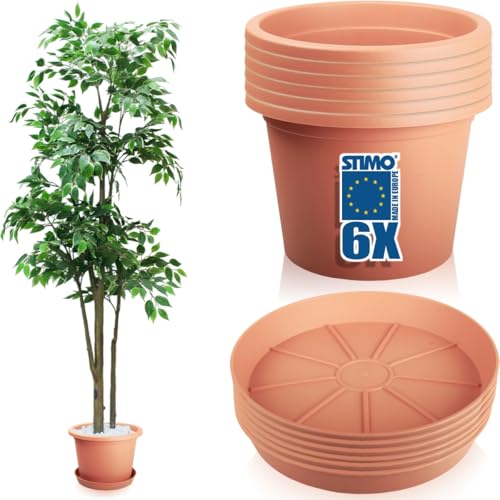 Stimo 6X Blumentopf 34cm mit Untersetzer 30cm Pflanzkübel Terracotta Kunststoff Pflanztopf Rundtopf...