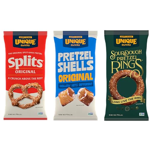 Unique Snacks Variety Pack with Original Splits Pretzels, Shells, and Sourdough Craft Beer Rings,...