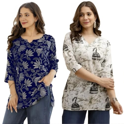 Image of Women's Cotton Printed Short Kurti, Round Neck, Three Quarter Sleeve, Straight Fit, Pack of 2