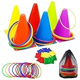 36 Stück Ringwurfspiel 3 in 1 Karnevalskombinations Wurfspiel mit Sitzsäcken Kunststoffreifen Kegelmarkern und Tragetasche Sackhüpfen Outdoor Spiele für Kinder