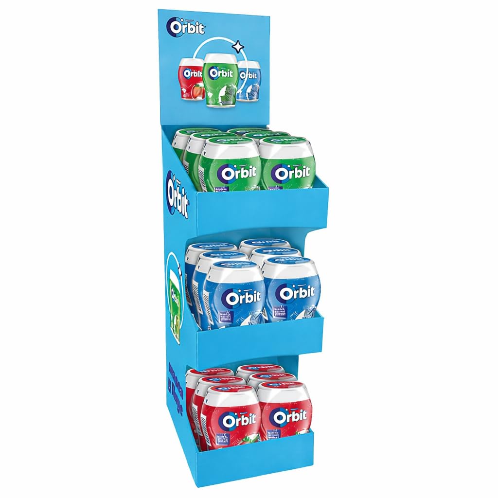Lote de Chicles Orbit Box Sin Azúcar – 18 Cajas Surtidas | 6 Hierbabuena, 6 Menta y 6 Fresa | Pack Ahorro para Oficina y Uso Frecuente (Orbit Box 18 Cajas)