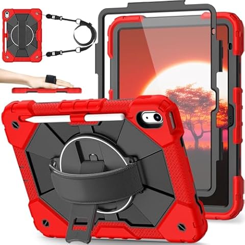 Nitupai Case for iPad 10th Generation iPad Case 10.9 Inch with Screen Protector 10th Gen iPad Case Kids Cover for iPad 10th Generation Pencil Holder 360° Rotating Stand Shoulder Strap, Red Black Cover