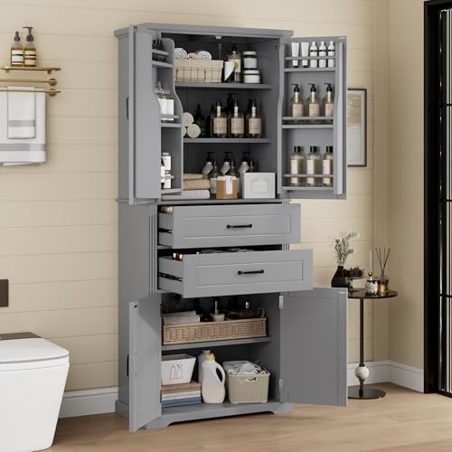 Guxeei Tall Storage Cabinet, Bathroom Floor Freestanding Storage Cabinet with 2 Doors, Adjustable Shelf, and 2 Drawers for Bathroom, Office, Living Room, MDF Board, Grey