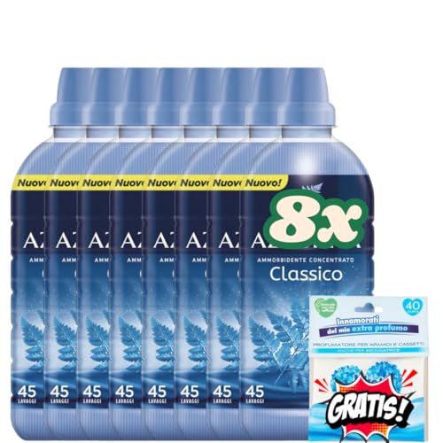 8X Felce Azzurra Ammorbidente Concentrato, 900ml, 45 Lavaggi (360 Lavaggi totali), + 1 bustina di profumatore biancheria Mon Amour Omaggio (Classico)