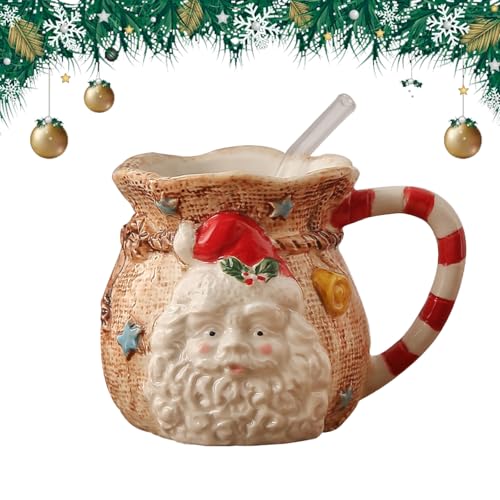 LUVDECO 400ml Christmas Coffee Mug Ceramic with Straw Festival Novelty Mugs Cute Winter Tea Cups Christmas Coffee Mug Gift for Parents Friends Familes Women Men Girls Boys (A)