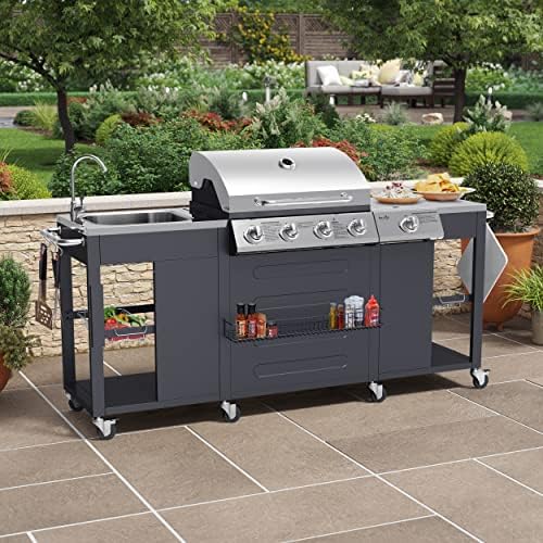 BillyOh Gas BBQ Grill 4 Burner + Side Burner with Kitchen Sink | Stainless Steel Gas Barbecue with Side Table Storage and BBQ Cover | Cooking Outdoor Garden Portable BBQ Alabama | Silver