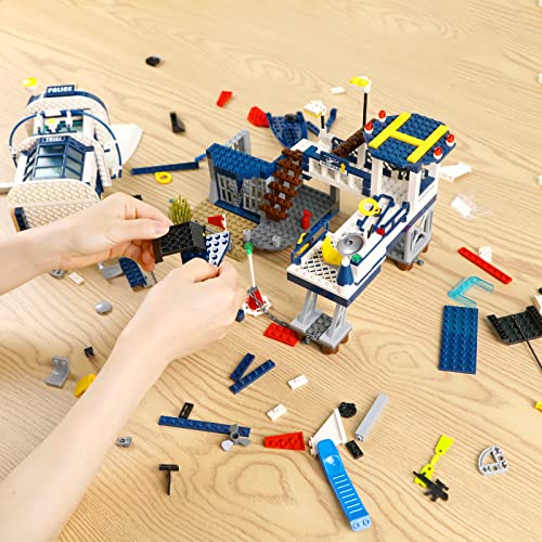 Image of City Police Station STEM Building Sets, Compatible with Lego Military Helicopter Airplane,Boats Ship, Swat Team,Building Kit for Kids, 565 PCS Best Gift for 6-10 Boys