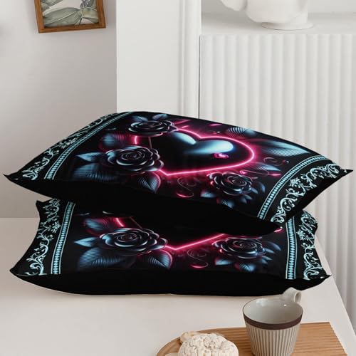 Image of QOOMO Cartoon Heart Kids Comforter Set,Rose Print Bedding Set Twin Size for Boys Girls Room Decoration,Black Bed Set Microfiber Lightweight All Season,1 Comforter Set 2 Pillowcases