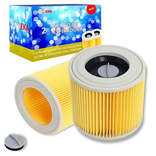 Filtro de Cartucho Lavable y Reutilizable Compatible con Kärcherr WD2 / WD3 / MV2 / MV3 /Series A/K/SE 4001 / SE 4002 Aspiradora en Seco y Húmedo, Reemplaza # KAR64145520 por Poweka (2 Piezas)