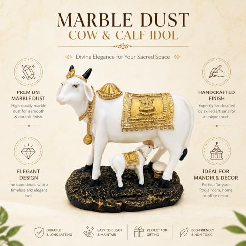 Image of ARMONIA Kamdhenu Cow with Calf Idol for Home Decor | Dust Marble Finish Gau MATA Statue | Vastu & Feng Shui Good Luck Showpiece for Living Room, Pooja Room | Wedding & Housewarming Gift (24cm)