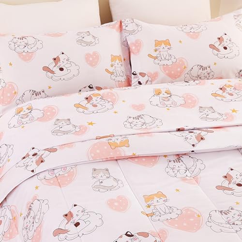 Image of Yibeizi Cat Kids Full Bed Comforter Set for Girls Kitty Bedding