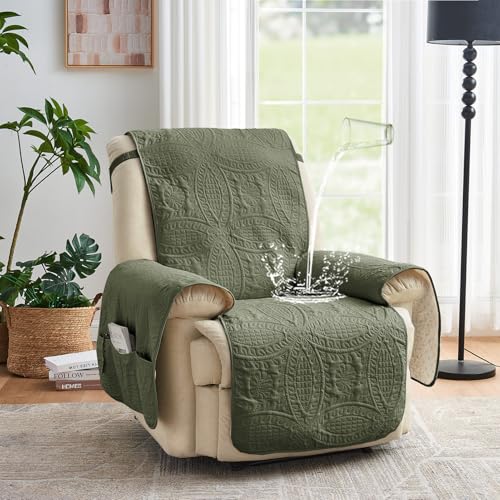 Image of Green Recliner TV Chair Covers, Quilted Decor Water-Repellent Medium Lazy Boy Chair Covers, Pet Friendly Recliner Slipovers for Dogs Cats, Washable Recliner Cover (Recliner 26 inch, Olive Green)