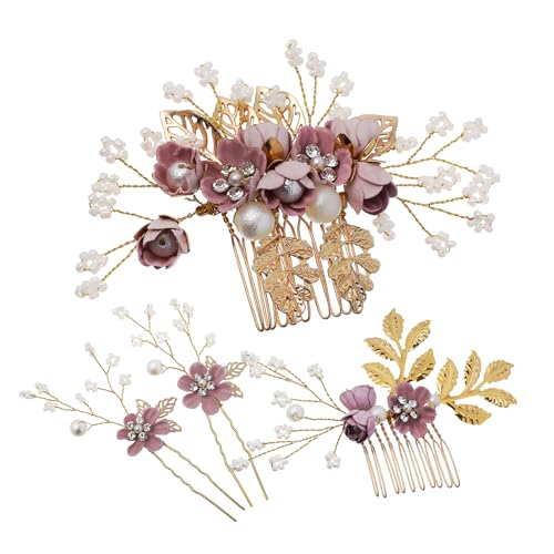 Veemoon 花柄手作り珍珠ヘアコーム点 結婚式用花嫁ヘッドドレス サイドコーム 髪飾り パールとラ ーン装飾 女性用和装対応