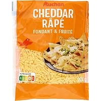 Un cheddar fondant au goût typé pour relever gratins, tartes, burgers… et apporter une belletouche de couleur orangé à toutes vos préparations. ALLERGÈNES: LAIT - FERMENT LACTIQUE DÉSIGNATION LÉGALE DU PRODUIT: AUCHAN CHEDDAR RAPE 200G