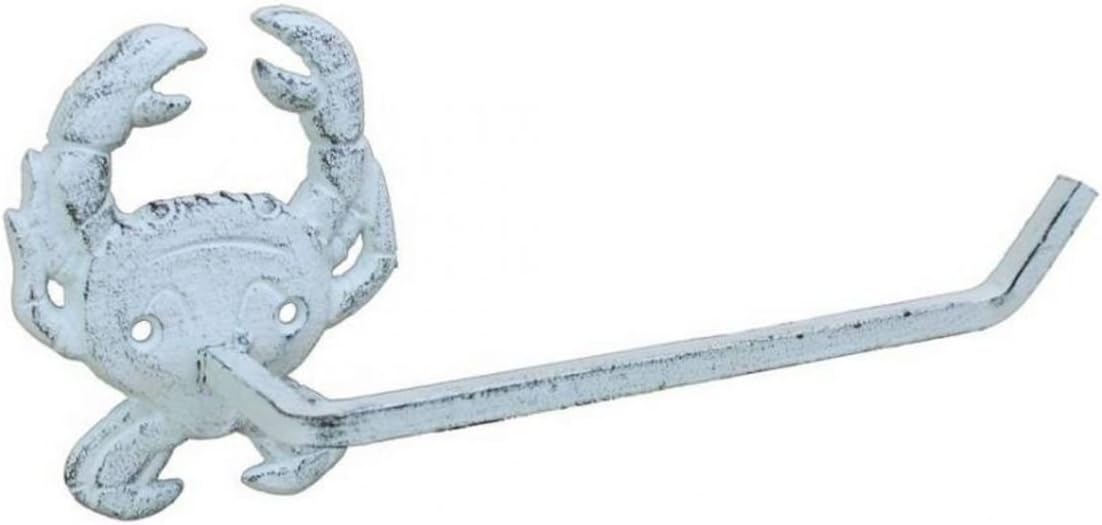 Hampton Nautical 10" Bathroom Beach Home Decorating Whitewashed Cast Iron Crab Toilet Paper Holder