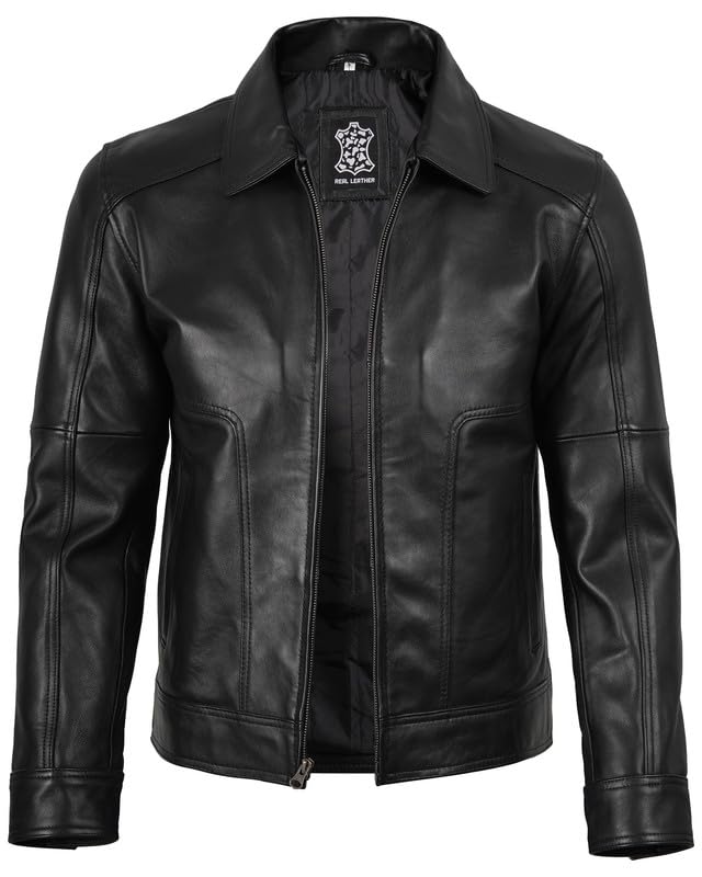 Image of Decrum Vintage Style Mens Leather Jacket - Real Lambskin Classic Shirt Collar Leather Jackets for Men