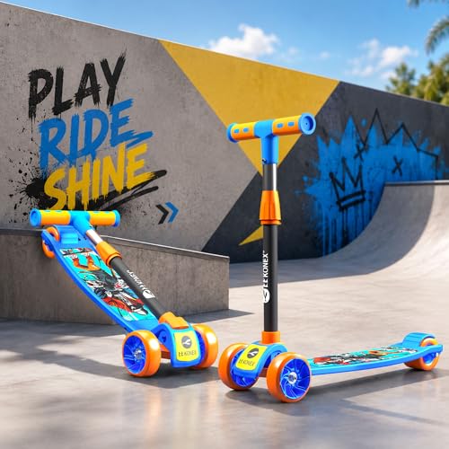 Image of Konex Kick Scooter for Kids (2+ Years) | 3 Broad Rubber Wheels for Smooth Ride | 4-Level Height Adjustable Handle | Foldable & Portable with Back Brake (Blue-Orange, ECO)