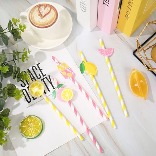 50 pitillos de papel rayados rosa y amarillo miniatura 4