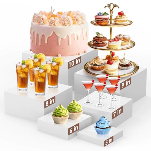 6Pcs White Buffet Risers Set (Size 5',6',7',8',9',10'),Food Risers for Buffet Table Display Stand Shelf for Party Catering Dessert Collectibles Acrylic Cube Boxes Display with Hollow Bottoms