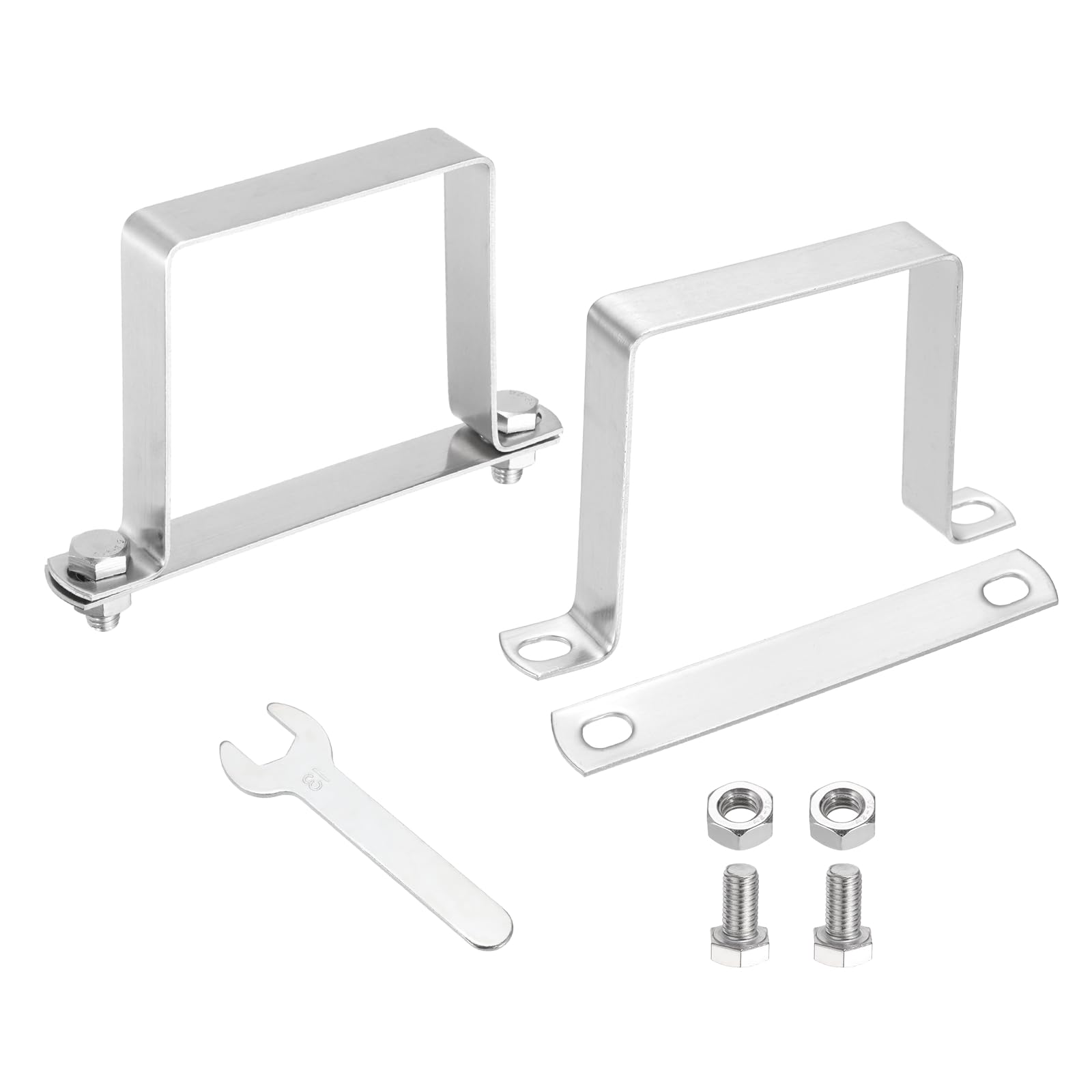 sourcing map 2Pcs U Shape Square Tube Clamp, 80x80mm U Shaped Bracket 304 Stainless Steel Square Strap Clamp with Bolt Plate Nuts and Wrench for Pipes Door Closed Bar Holder Railings