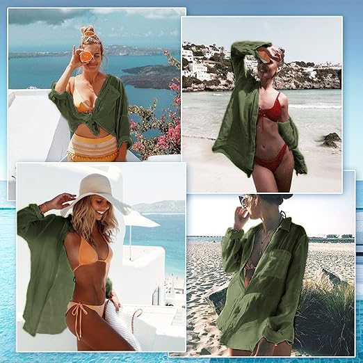 Image of CoCozy Bathing Suit Cover Ups for Women, Long Sleeve Swimwear Button Down Shirt Dress Swimsuit Bikini Beach Cover Up 2026, Army Green