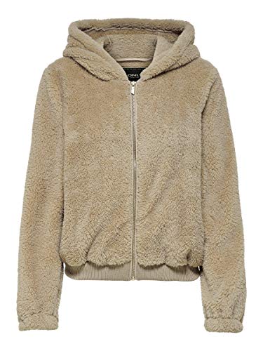 ONLY Damen Kurze Teddy Kunstfell Jacke | Warmer Sherpa Blouson mit Kapuze | Lamm Schaf Plüsch ONLANNA, Farben:Sand, Größe:S