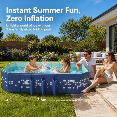 Foldable Pool Non-Inflatable, 102"×65"×20" Large Collapsible Swimming Pool for Kids Adults, Hard PVC Board, 10 Triangle Supports, Family Backyard Outdoor Pool, Blue by Mandla Go - Used condition - Image 3