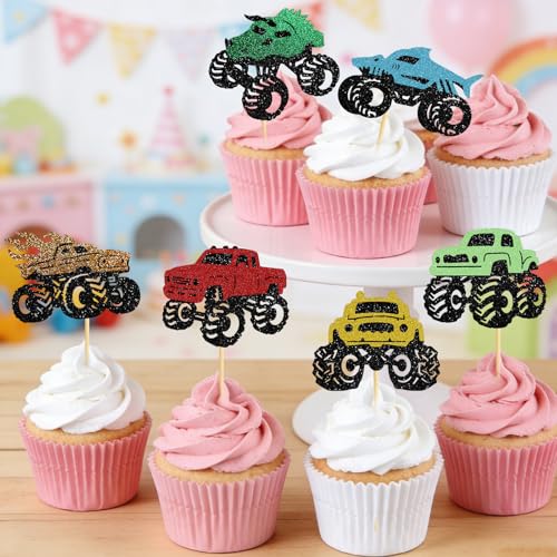 24 Pcs Monster Truck Cupcake Toppers Glitter Monster Truck Birthday Cake Topper Picks Monster Truck Cupcake Decorations for Boys Kids Monster Truck Themed Birthday Party Baby Shower Supplies by CVENGGRUN - Used condition - Image 5