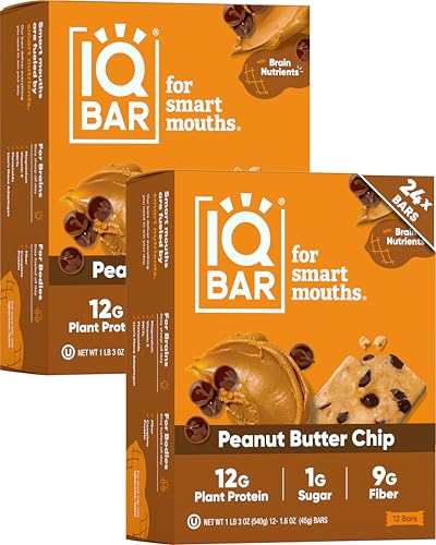 IQBAR Clean Plant Protein Bars - Peanut Butter Chip - 24 Count - Keto, Vegan, High Fiber, Gluten and Dairy Free, Low Sugar Snack - Brain and Body Nutrients for Focus, Energy, Meal Replacement