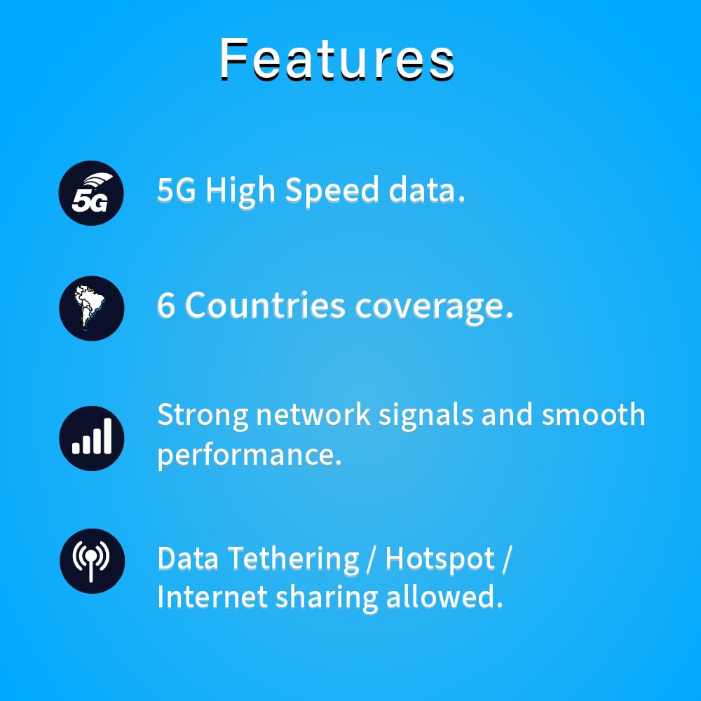 TSIM Tarjeta SIM de 30 días para América del Sur | 12 GB de Internet en 5G/4G/LTE (datos compartidos permitidos) | Utilizable en Brasil, Chile, Colombia, Perú, Uruguay y Costa Rica | Red 5G de alta