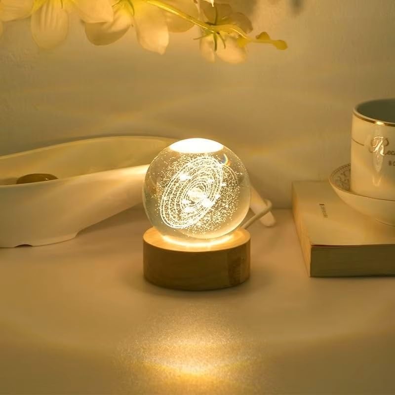 Image of Crystal Ball Lamp with Wooden LED Base | Engraved 3D Moon & Stars Night Light | USB Rechargeable Home Decor | Birthday Gift for Teens, Boys & Girls (3D Galaxy Style Lamp)