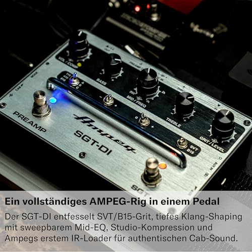 AMPEG SGT-DI Bass Preamp – Fußschaltbarer Ampeg-Preamplifier mit SVT/B15-Voicings, IR Loader, 3-Band-EQ mit durchstimmbaren Mitten, Kompressor und Ultra-Hi/Ultra-Lo-Schaltern – Silber Schwarz