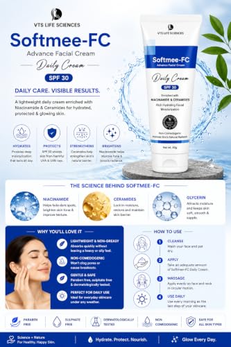 Image of Softmee-FC Advance Facial Cream, SPF 30, with Niacinamide & Ceramides, Non-Comedogenic, 60g