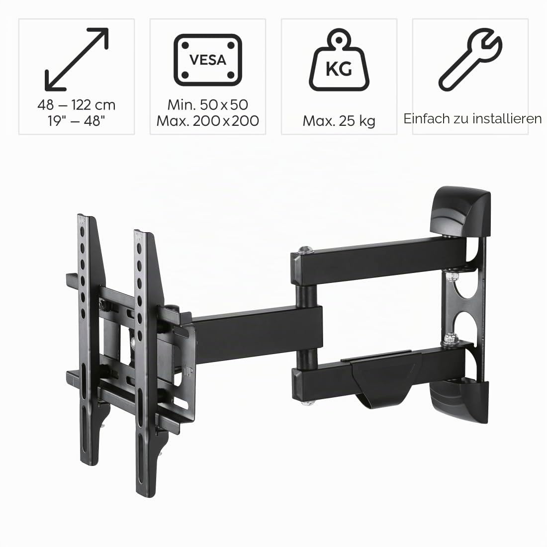 Hama TV Wandhalterung schwenkbar, neigbar, ausziehbar (TV Wandhalterung 19-50 Zoll, VESA 50x50 bis VESA 200x200, bis 25kg, mit fischer-Dübeln) schwarz