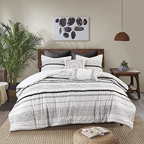 Image of INK+IVY Luxurious Cotton-Bedding Set - Mid Century Trendy Geometric Design, All Season Cozy-Cover With Matching-Shams, Full /Queen, Nea Trims Black /Multi
