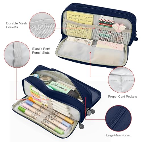 Image of Niwlix Large Capacity Pencil Box for Girls & Boys, 3 Compartments Pen & Pencil Pouches, Aesthetic Stationery Pouch for School Kids College Students, Pouch for School Girls (NavyBlue)