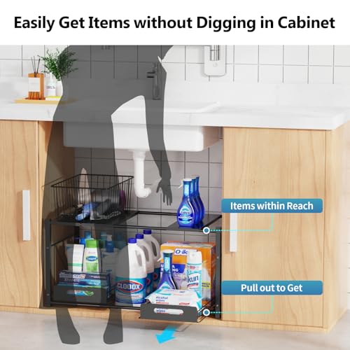 iSPECLE Under Bathroom Sink Organizer - 2 Tier Expandable Under Sink Organizer Add Extra Space and Easy Access, Under Sink Shelf for 22" to 32" Wide Sink Cabinet, Not Include Basket - Image 4