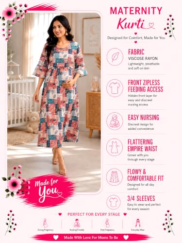 Image of RITIJYA Zipless Feeding Kurta Dress for Women | Maternity Nursing Kurti, No-Zip Easy Access | Extra Pleats Pre to Post Pregnancy | Quick-Dry Fabric | S-4XL