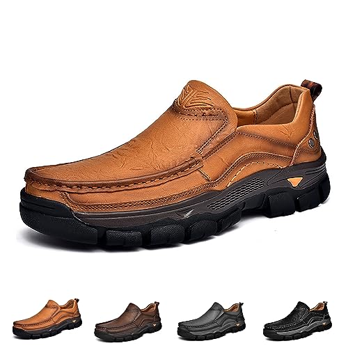 Men's Thick Bottom Slip on Leather Loafer,Hand Stitching Comfort Anti Slip Moccasins Casual Walking Shoes Outdoor Hiking Driving Work Office Dress Men Classic Leisure Sneakers