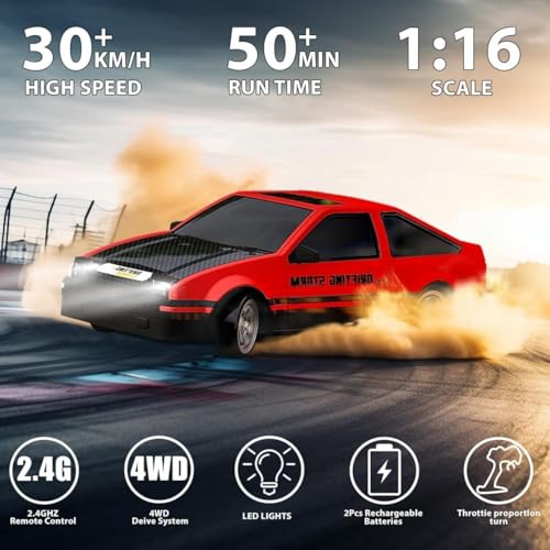 Image of Rc Drift Remote Control Car 1:24 Scale, High-Speed, 4Wd, Led Lights, Rechargeable Racing Car, Drifting Tires, 2.4Ghz, for Kids [Colors as Per Stock] (Toyoto Ae86 Rc Drift -Red)