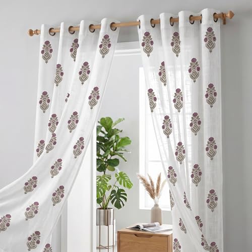 Image of LINENWALAS Decorative Cotton Linen Sheer Curtains 5 Feet for Window -Block Printed Door Curtain | Grommet Hanging Style Pack of 2 Panels |Light Filtering Sheer Drapes (Lavender Sage)